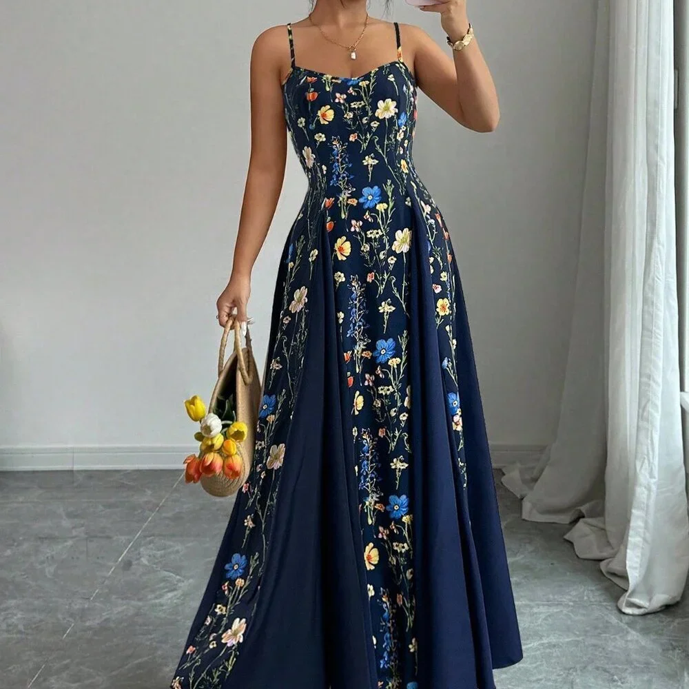 Navy Blue Boho Women's Elegant Sleeveless Long Floral Maxi Dress - Picture 1 of 5